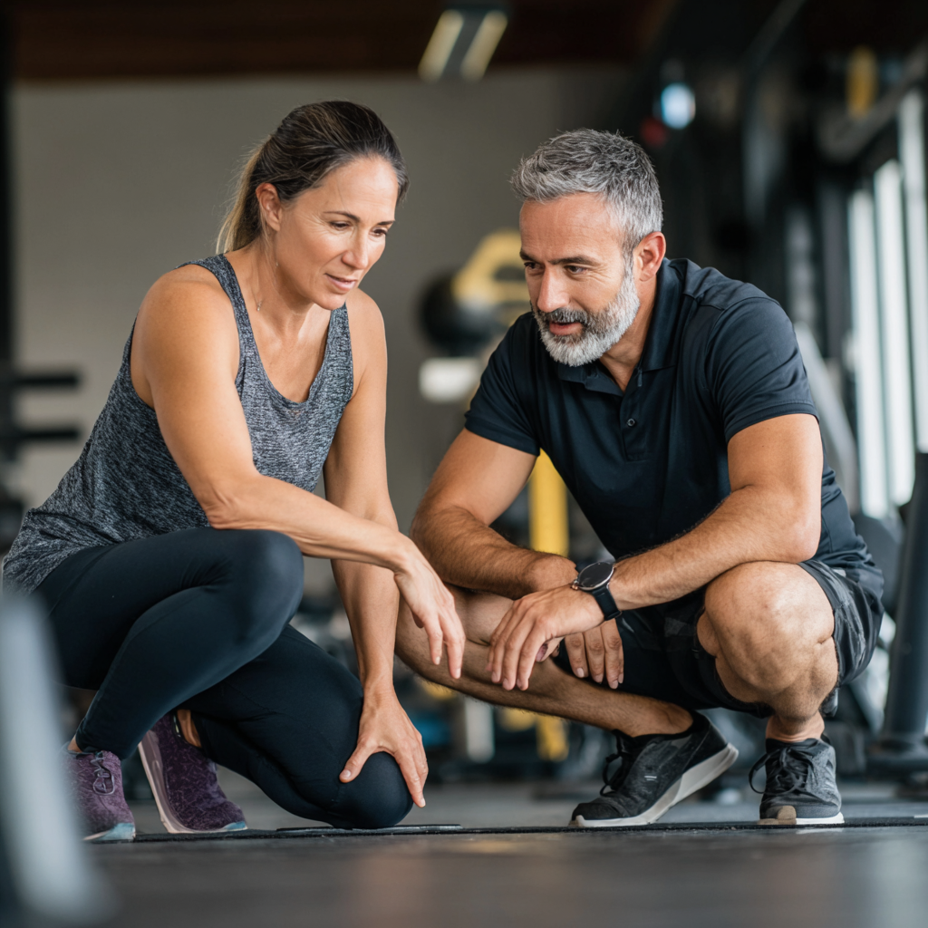 Middle-aged adult undergoing fitness assessment with professional trainer