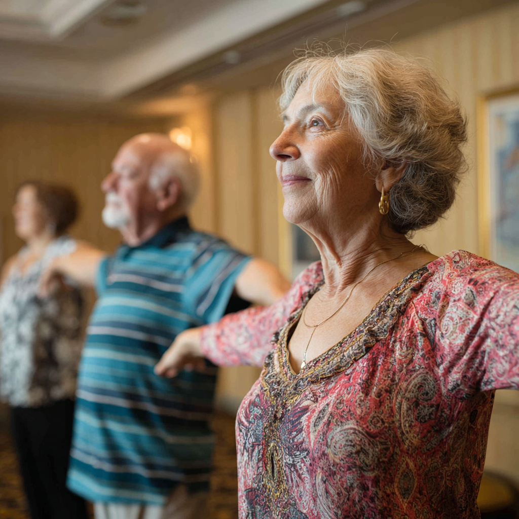 Older adults performing adaptive exercises in a supportive environment